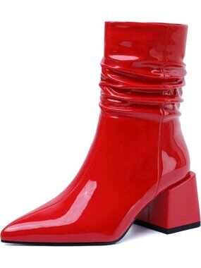Women's Red Patent Ankle Boot Chunky Block Heel Mid-Calf Booties Slouchy Ruched